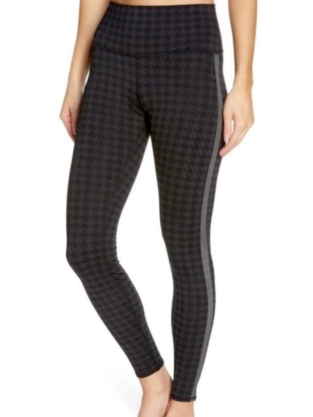 ALO Yoga Black Houndstooth High-Waist Alo Soft Leggings with Gray Side Stripe